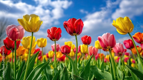 Endless fields of tulips in the Netherlands, with vibrant rows of red, yellow, and pink flowers stretching toward a blue sky