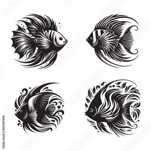 Vector Styled Angelfish Silhouette set, Black & White Angelfish Outline Silhouette set, Simple Angelfish Vector Silhouette Set