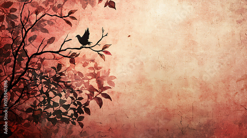 Silhouette of a bird perched on a branch against a textured backdrop