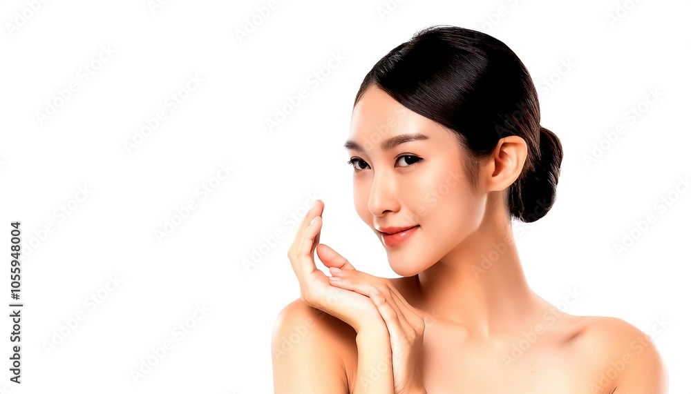 Smiling young woman with elegant hairstyle on isolated background, showcasing beauty and confidence. Smiling young woman with elegant hairstyle on isolated background, showcasing beauty and confidence.