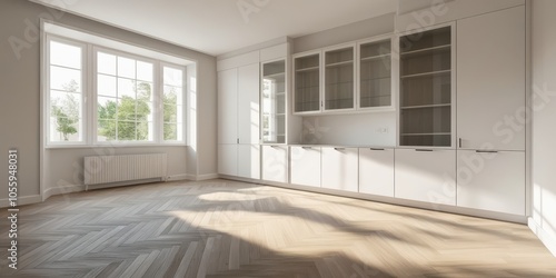 Modern minimalist kitchen, white cabinets with glass doors, subway tile backsplash, wooden floor, natural light, window view, clean lines, stainless steel sink, neutral color palette, empty countertop