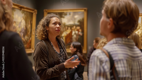 Museum Curator Engaging Visitors with Art History in Warmly Lit Gallery Setting