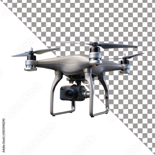 Modern UAV drone quadcopter with camera isolated on white background.
