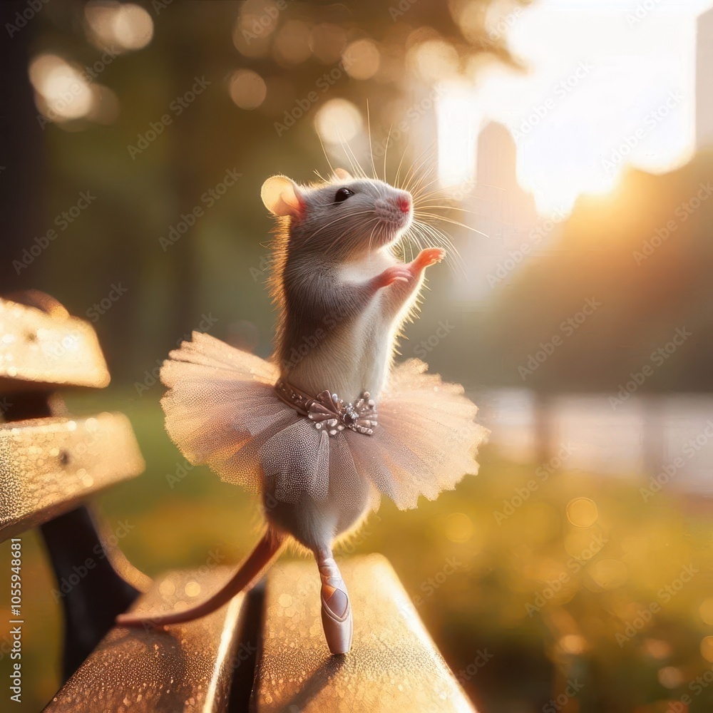 ai generated Illustration of a mouse performing ballet dance movements in full ballet attire on a wooden park bench with a city park in the background ai generated Illustration of a mouse performing ballet dance movements in full ballet attire on a wooden park bench with a city park in the background