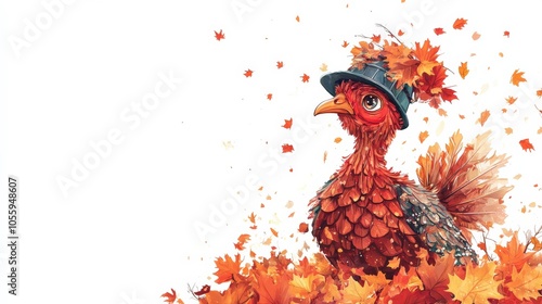 Colorful turkey wearing a hat surrounded by autumn leaves on a white background, perfect for seasonal and Thanksgiving themes. photo