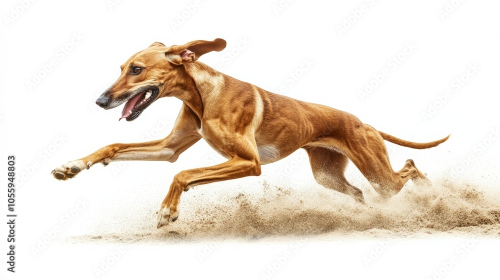 Energetic brown dog sprinting through sand against a white background, capturing the essence of speed and agility in motion. Energetic brown dog sprinting through sand against a white background, capturing the essence of speed and agility in motion.