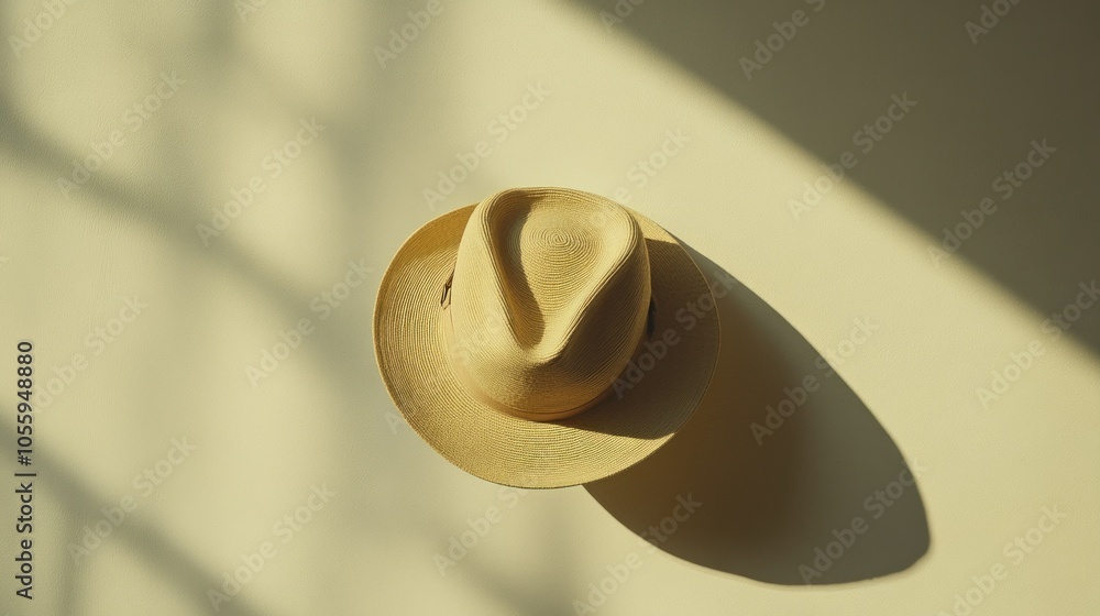 A Straw Hat Casts a Shadow Against a Light Yellow Wall A Straw Hat Casts a Shadow Against a Light Yellow Wall