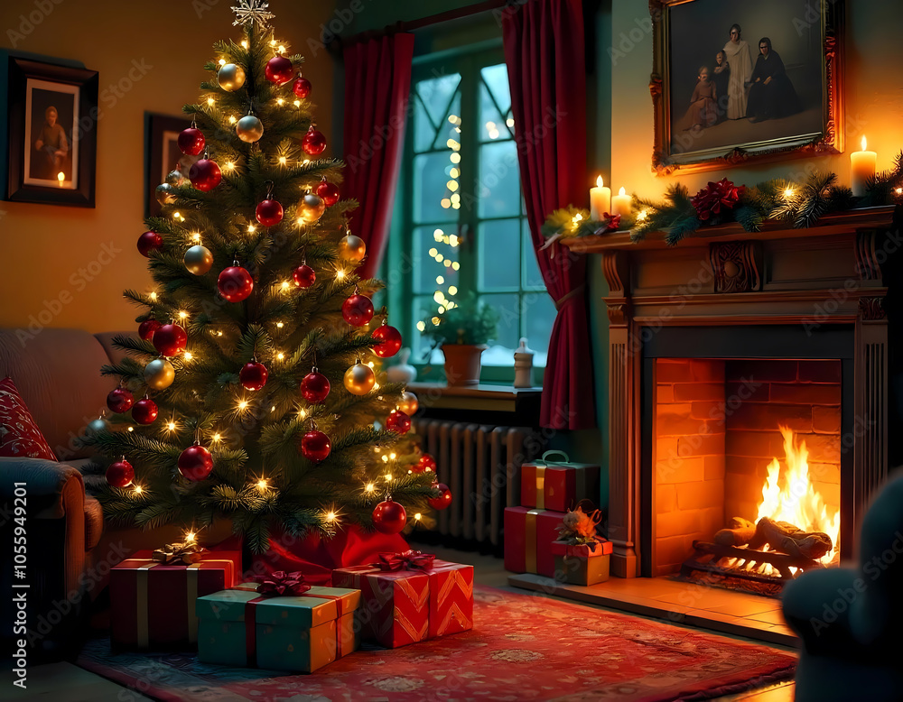 Christmas tree surrounded by presents and a warm fireplace glowing in the background Christmas tree surrounded by presents and a warm fireplace glowing in the background