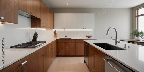 Modern kitchen interior, wood cabinets, quartz countertops, stainless steel appliances, subway tile backsplash, recessed lighting, minimalist design, U-shaped layout, natural light, clean lines, conte