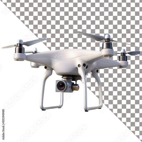 Modern UAV drone quadcopter with camera isolated on white background.