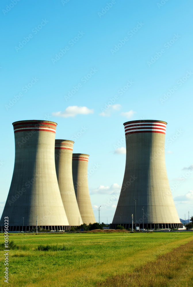 Cooling Towers at a Nuclear Power Plant on a Clear Day with Grass in Foreground Cooling Towers at a Nuclear Power Plant on a Clear Day with Grass in Foreground