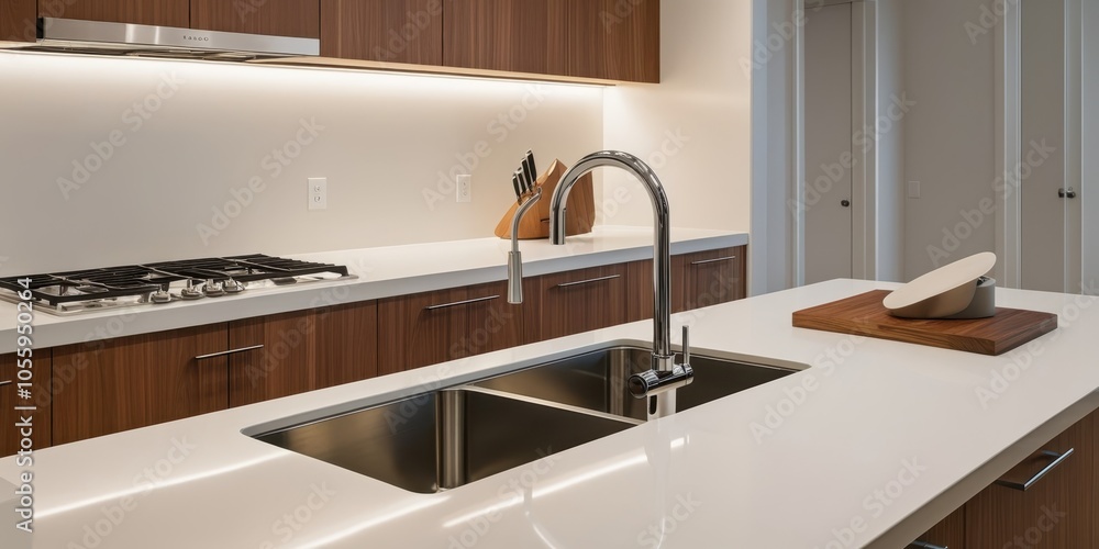 Modern minimalist kitchen, white textured tile walls, wooden cabinetry, stainless steel appliances, sleek countertops, recessed lighting, clean lines, neutral color palette, open concept, contemporary Modern minimalist kitchen, white textured tile walls, wooden cabinetry, stainless steel appliances, sleek countertops, recessed lighting, clean lines, neutral color palette, open concept, contemporary