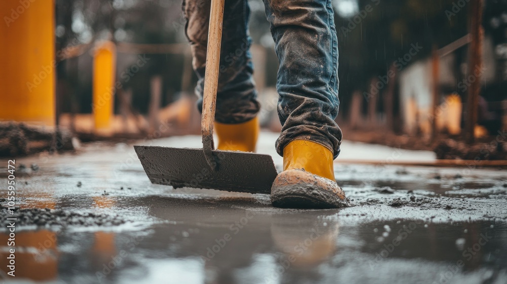 Construction Worker's Foot in Wet Cement with a Trowel Construction Worker's Foot in Wet Cement with a Trowel