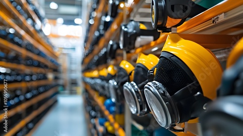 Proper storage racks for clean respirators in a petrochemical plant, ensuring compliance with PPE maintenance and care guidelines
