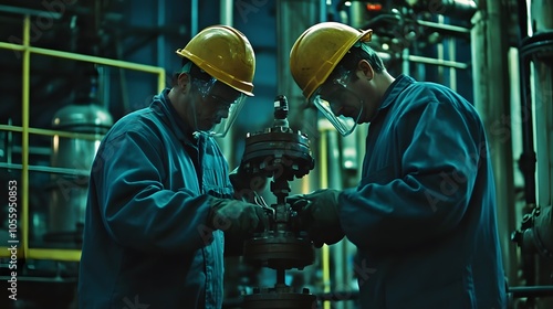 Petrochemical technicians performing routine inspection and repair of helmets as per PPE maintenance and care guidelines