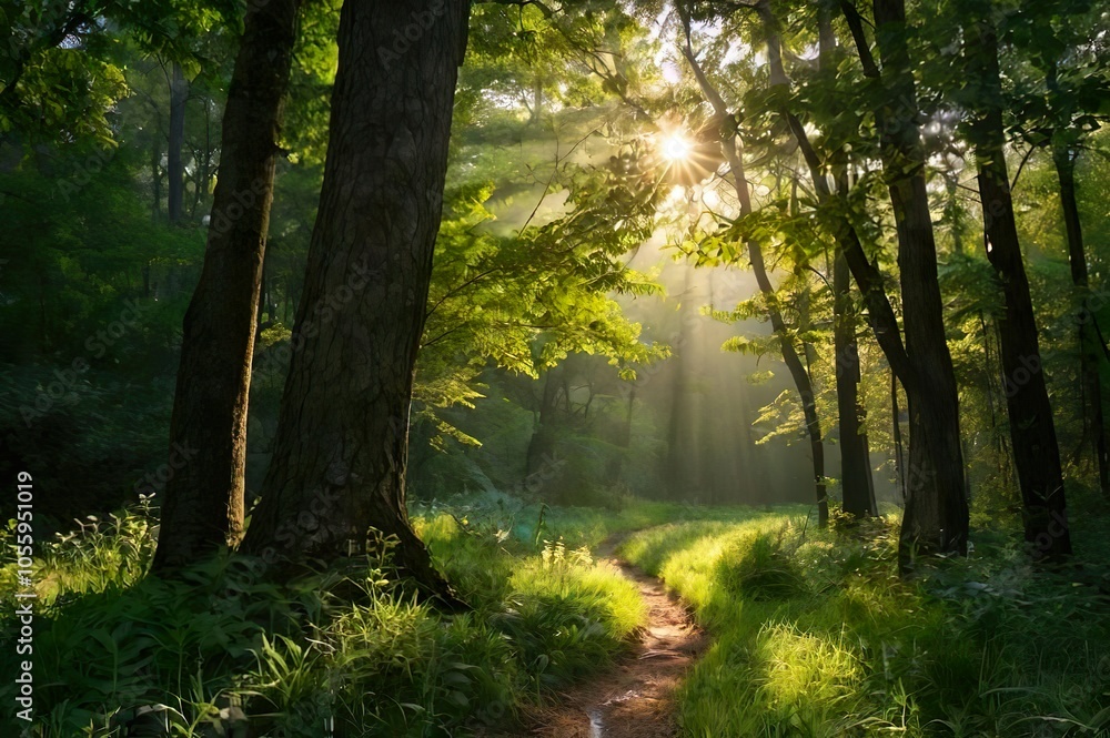 Fototapeta premium a path through the forest with the sun shining through the trees