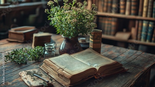 Vintage book on wooden table with flowers and herbs photo