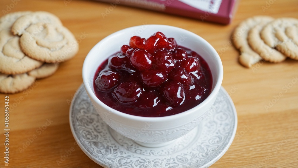 Berry jam, cookies and cashew nuts on the table Berry jam, cookies and cashew nuts on the table
