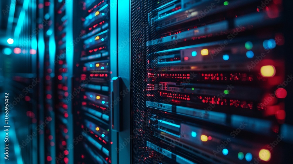 Close-up of glowing data servers in a data center Close-up of glowing data servers in a data center