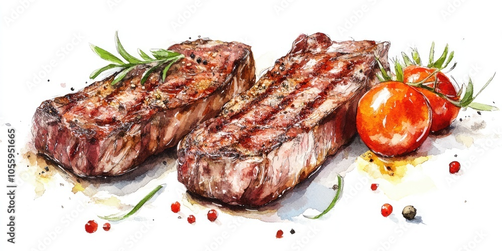 Juicy Sirloin Steak with Fresh Tomatoes. Watercolor Hand Drawn Illustration, Barbecue Dinner Concept Juicy Sirloin Steak with Fresh Tomatoes. Watercolor Hand Drawn Illustration, Barbecue Dinner Concept