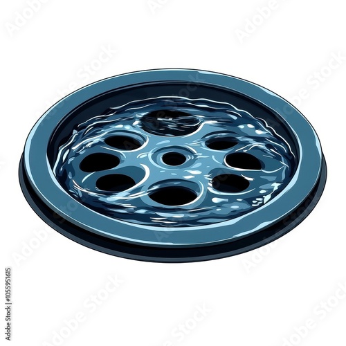 Circular drain cover with water, blue circular form on white isolated background.