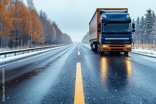 Cargo Truck Driving on Snowy Highway in Winter with Reflections on Wet Road Surface and Autumn Trees in Background.