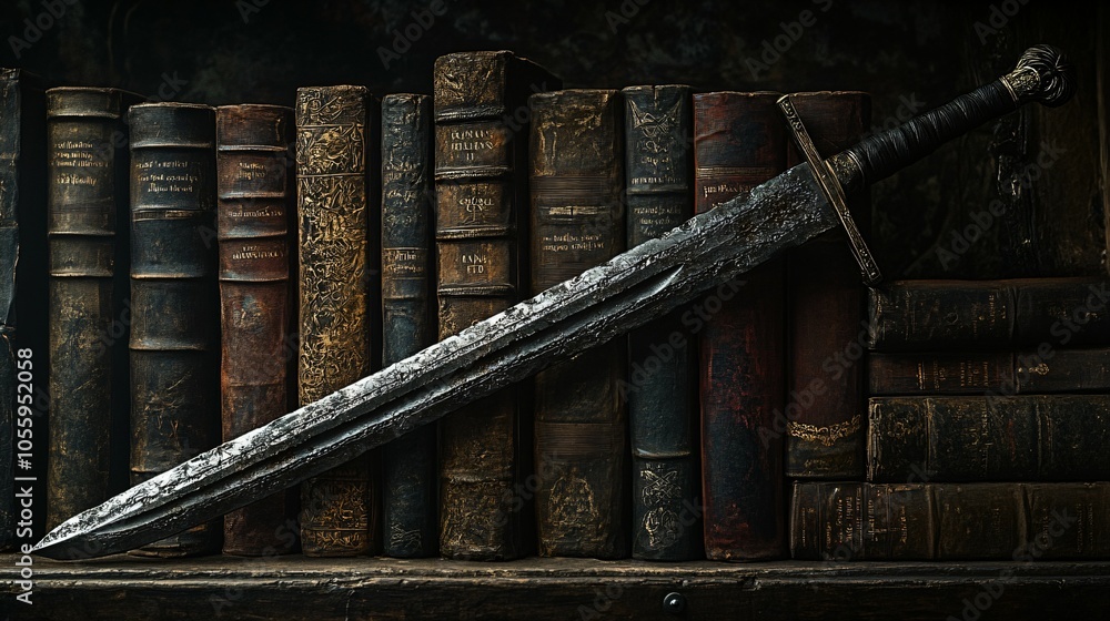 Photo of an ancient sword alongside old books set against a dark background, evoking a medieval theme Photo of an ancient sword alongside old books set against a dark background, evoking a medieval theme