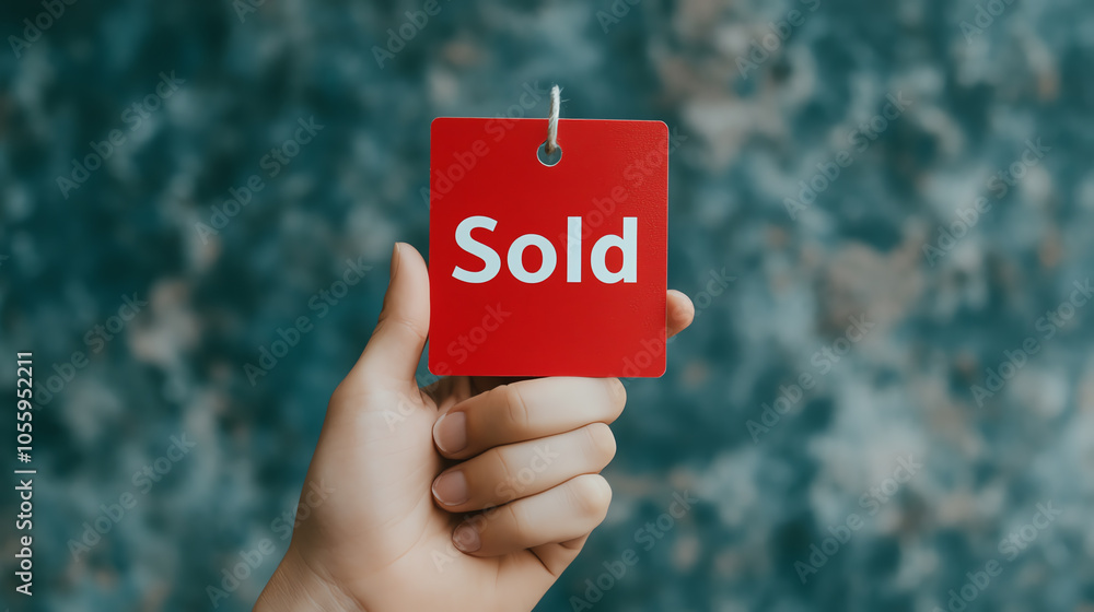 A hand holding a red sold sign against a textured blue background, symbolizing successful sales and transactions in various markets. A hand holding a red sold sign against a textured blue background, symbolizing successful sales and transactions in various markets.