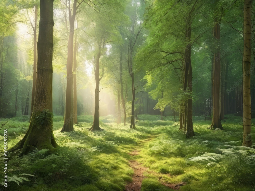 Obraz premium Sunlight in a green forest. Forest sunbeam. Ray of sunlight in forest green. Mossy forest sunbeam