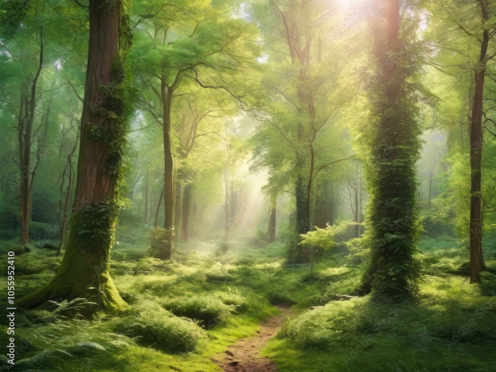 Obraz premium Sunlight in a green forest. Forest sunbeam. Ray of sunlight in forest green. Mossy forest sunbeam