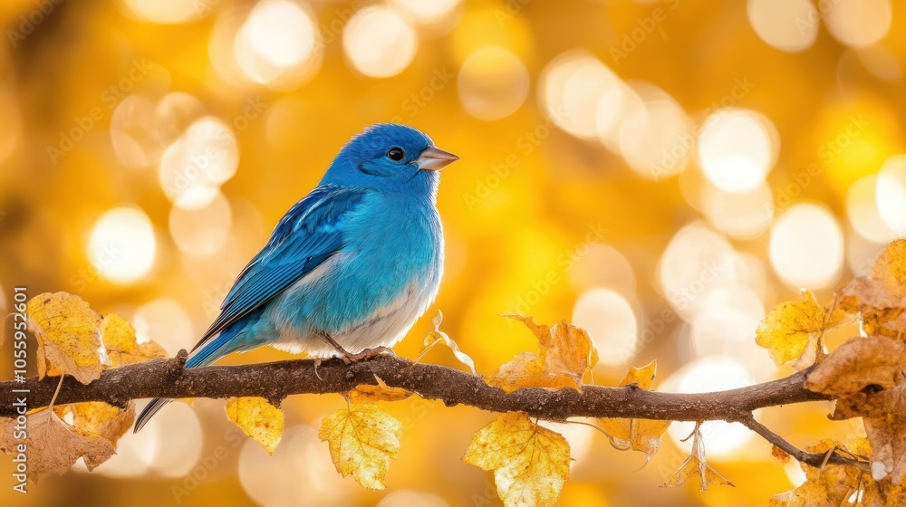 Blue Grosbeak Perched on a Branch with Autumn Leaves Blue Grosbeak Perched on a Branch with Autumn Leaves