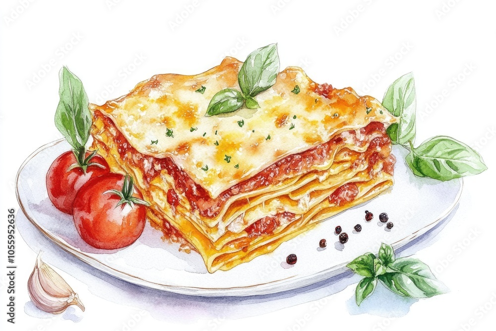 Traditional Italian Lasagna Recipe. Watercolor Illustration of Ingredients on White Background Traditional Italian Lasagna Recipe. Watercolor Illustration of Ingredients on White Background