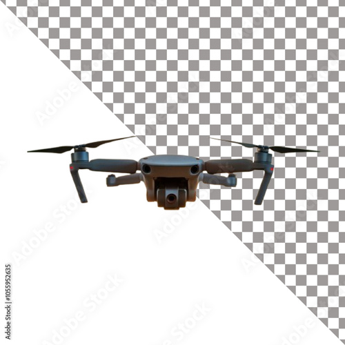 Modern UAV drone quadcopter with camera isolated on white background.