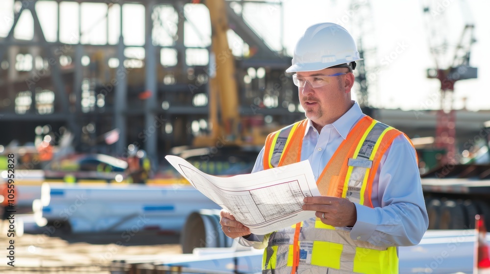 Fototapeta premium Civil Engineer Reviewing Blueprints at a Bustling Construction Site at Sunset