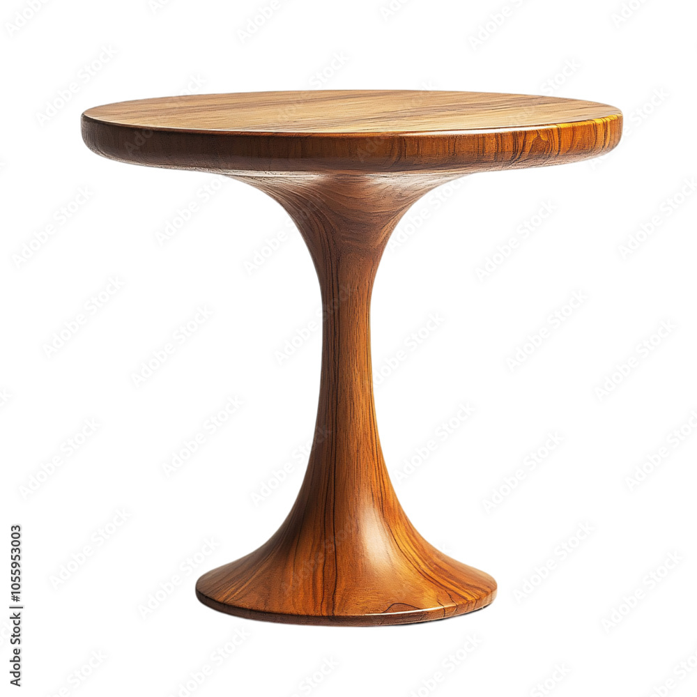 A stylish wooden table with a smooth, rounded top and a sculptural, hourglass base, showcasing a modern design aesthetic. A stylish wooden table with a smooth, rounded top and a sculptural, hourglass base, showcasing a modern design aesthetic.