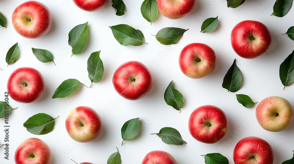 Red Apples with Green Leaves on White Background Red Apples with Green Leaves on White Background