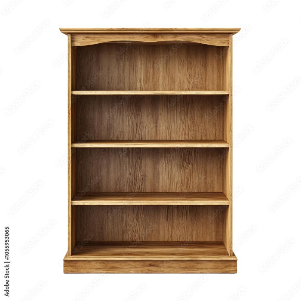 A simple wooden bookshelf with four spacious shelves, designed for organization and display, set against a transparency background. A simple wooden bookshelf with four spacious shelves, designed for organization and display, set against a transparency background.