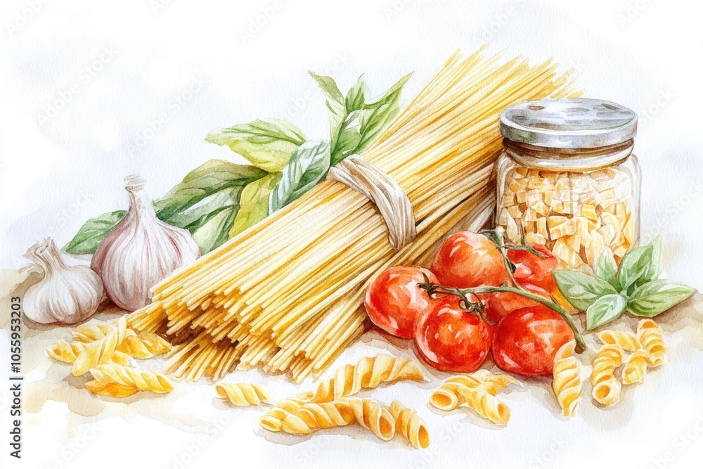 Vibrant Yellow Pasta Selection. Traditional Italian Noodles in Watercolor Style Vibrant Yellow Pasta Selection. Traditional Italian Noodles in Watercolor Style