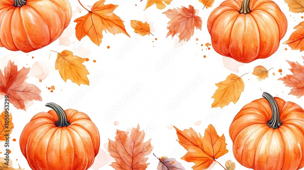 Naklejka premium Watercolor seamless pattern of orange pumpkins and autumn leaves