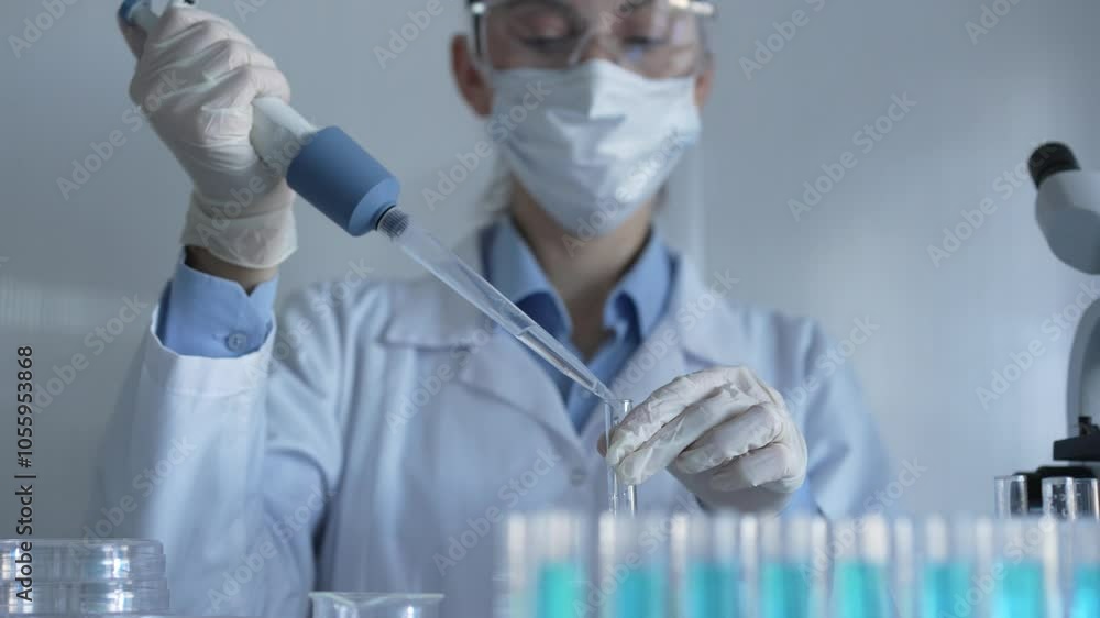 Scientist woman researcher, wearing a lab coat, mask, and safety glasses, is using a micropipette to drop a liquid into a test tubes. Medicine and science concept Scientist woman researcher, wearing a lab coat, mask, and safety glasses, is using a micropipette to drop a liquid into a test tubes. Medicine and science concept