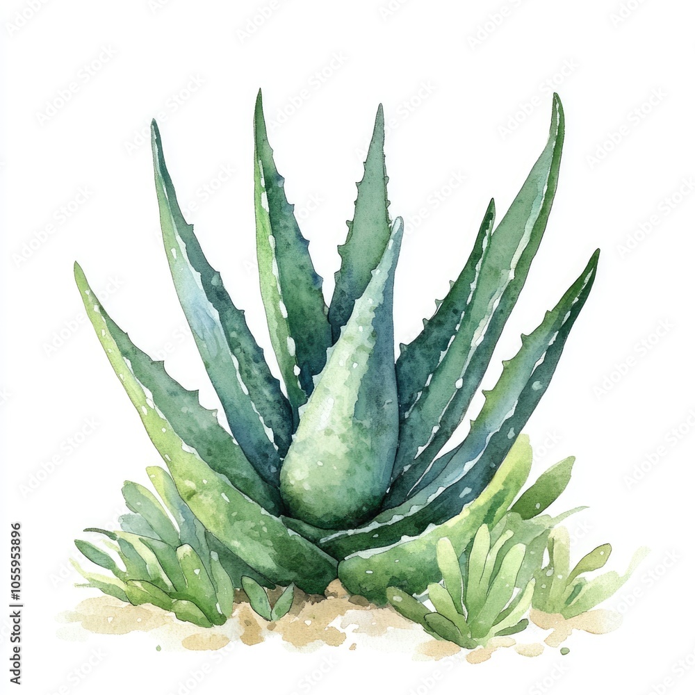 Watercolor Illustration of Aloe Vera Plant from the Cape. Nature and Health Concept on White Background Watercolor Illustration of Aloe Vera Plant from the Cape. Nature and Health Concept on White Background