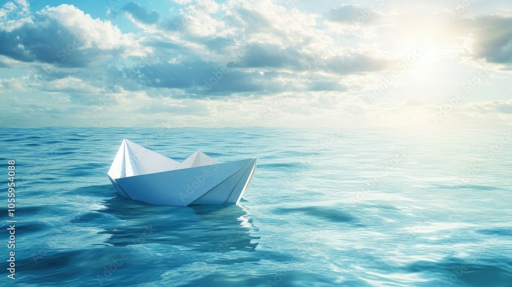 Single paper boat steering away from others, symbolizing innovation and seizing business opportunities in a fast-paced world. Single paper boat steering away from others, symbolizing innovation and seizing business opportunities in a fast-paced world.