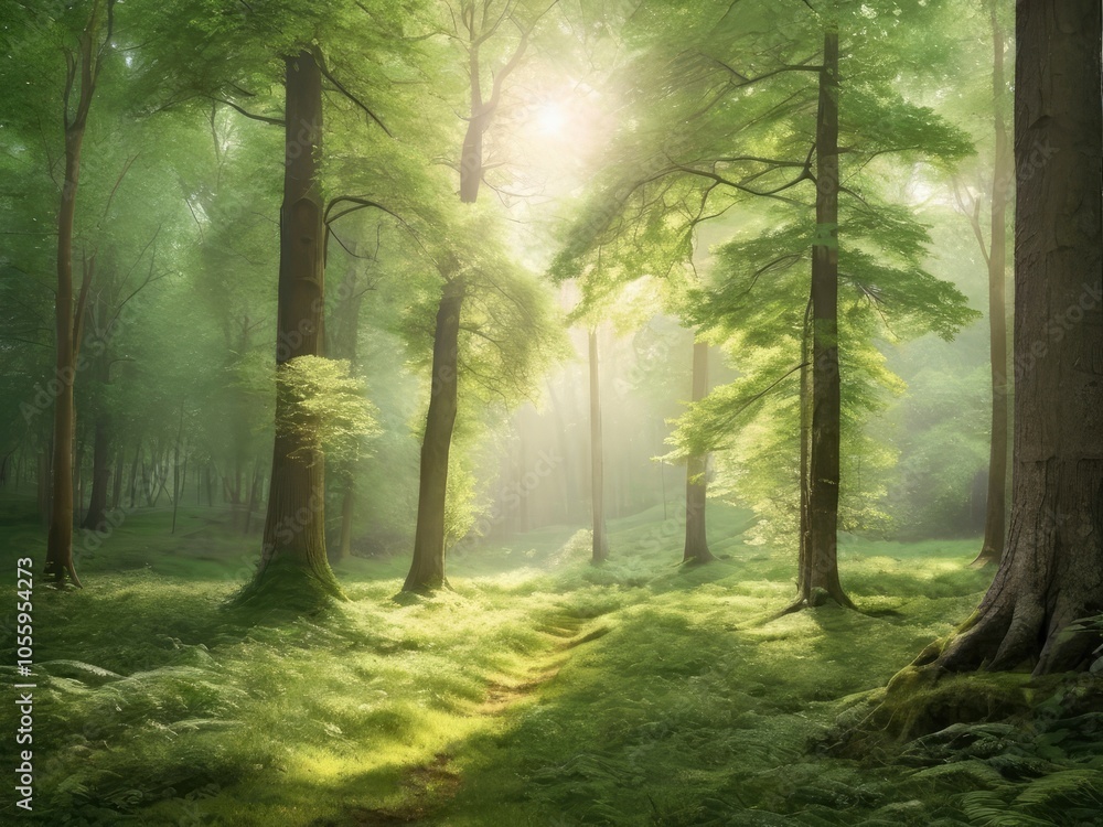 Obraz premium Sunlight in a green forest. Forest sunbeam. Ray of sunlight in forest green. Mossy forest sunbeam