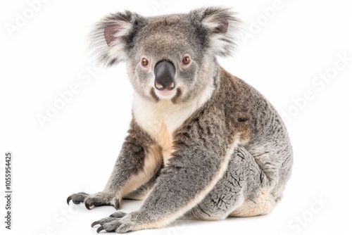 Calm koala in fulllength portrait on white background