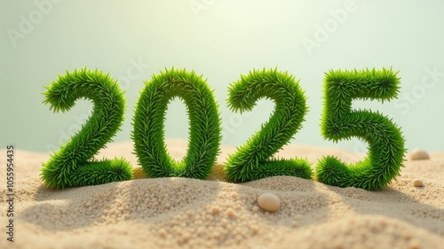 the numbers 2025 made of grass in the middle of the endless desert photo