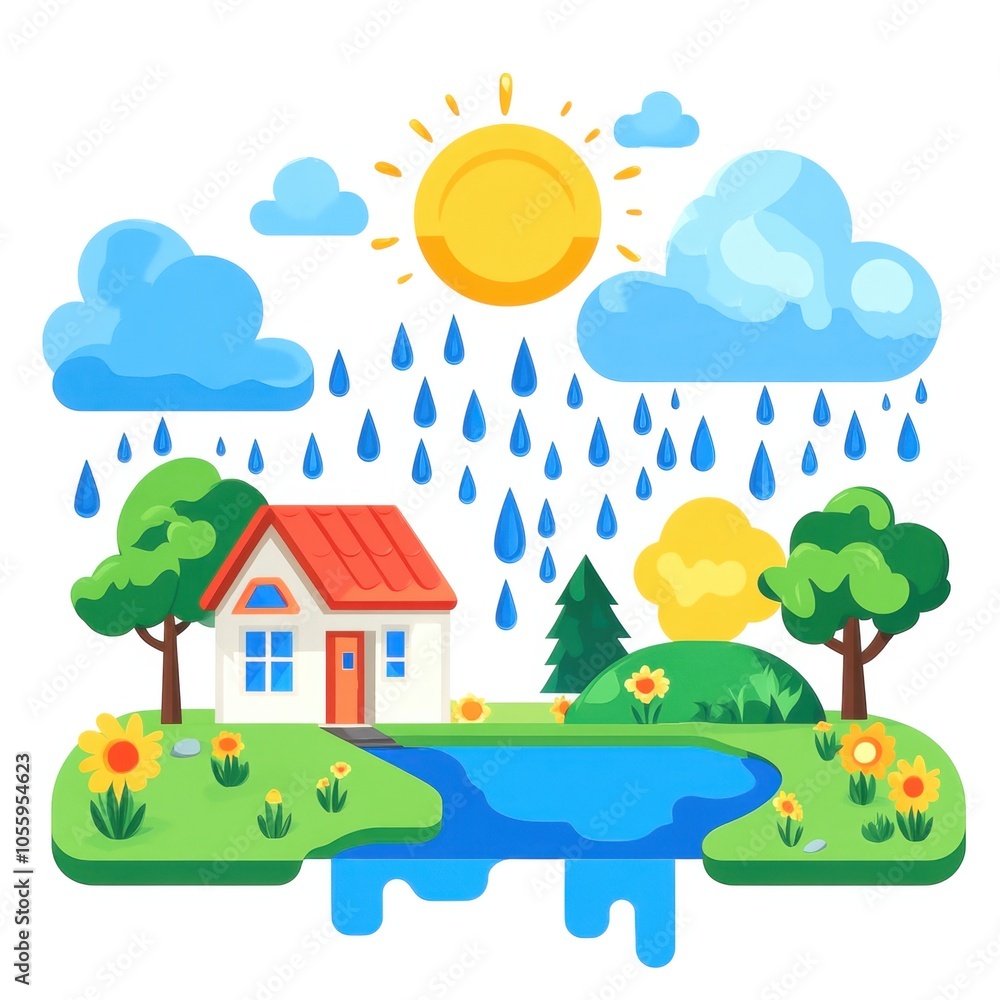Colorful illustration of a house with sun, clouds, rain, trees, and a pond. Colorful illustration of a house with sun, clouds, rain, trees, and a pond.