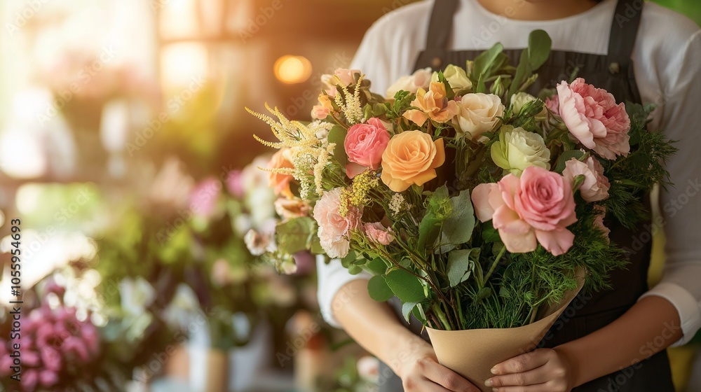 florist arranging a vibrant bouquet in a stylish, sunlit flower shop florist arranging a vibrant bouquet in a stylish, sunlit flower shop