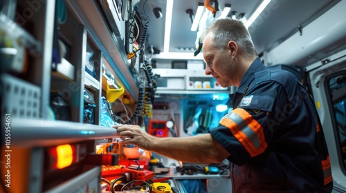 Firefighter Paramedic in Ambulance Preparing Medical Equipment for Emergency Response