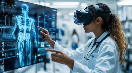 Female Doctor Using Virtual Reality to Examine a Skeleton X-Ray