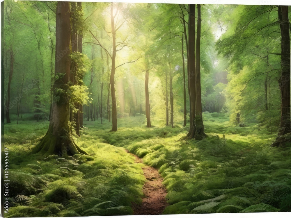 Fototapeta premium Sunlight in a green forest. Forest sunbeam. Ray of sunlight in forest green. Mossy forest sunbeam